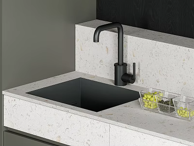 Modern Kitchen Countertop With Black Faucet Square Sink And Fruit Basket 3d model