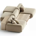 Modern Beige Linen Sectional Sofa With Wooden Side Table And Decorative Pillows