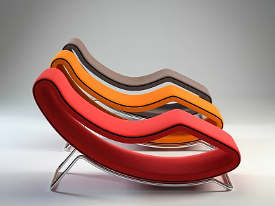 Modern Lounge Chairs With Red Orange Gray Curved Design And Metal Frame 3d model