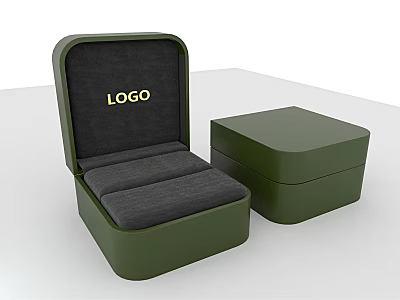 Showcase Display Shelves Featuring Open Closed Green Boxes With Gray Padding And LOGO 3d model