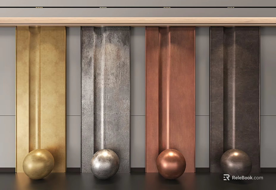 Feature Wall with Gold Silver Copper Dark Gray Metallic Panels and Metallic Spheres at Base 3d model 