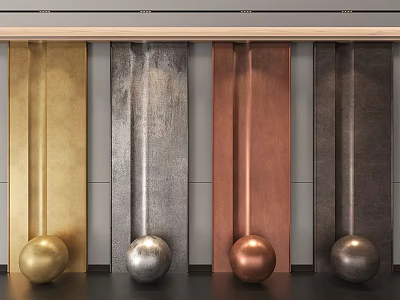 Feature Wall with Gold Silver Copper Dark Gray Metallic Panels and Metallic Spheres at Base 3d model