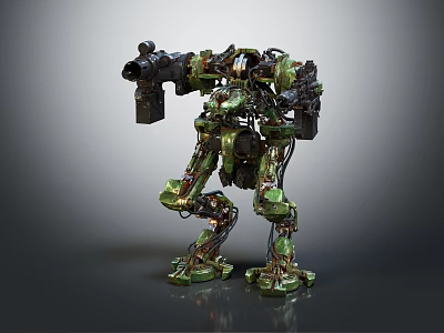 Battle Ready Green Mechanical Robot With Weapon Arm And Intricate Metallic Design 3d model