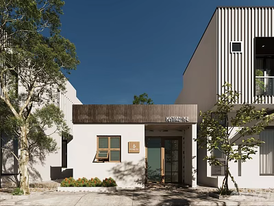 Modern Ventures Storefront With White Building Wooden Facade Glass Door Trees And Blue Sky 3d model