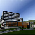 Modern Office Building Exterior Design With Green Landscape Trees And Mountains