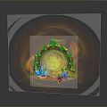 Fantasy Landscape with Golden Arch Flames Blue Crystals and Gray Gradient Background Reflection