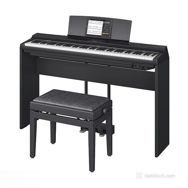 Black Digital Piano With Stool And Music Stand For Musical Performance 3d model 