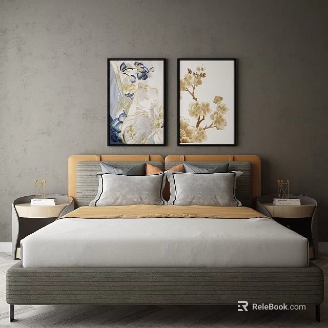 Modern Double Bed Bedroom Interior With Decorative Paintings Gray Pillows And Bedside Tables 3d model 