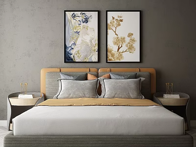 Modern Double Bed Bedroom Interior With Decorative Paintings Gray Pillows And Bedside Tables 3d model
