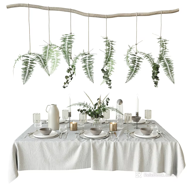 Elegant Tableware Set with White Tablecloth Plates Glasses Pitcher Candles and Hanging Green Ferns 3d model 