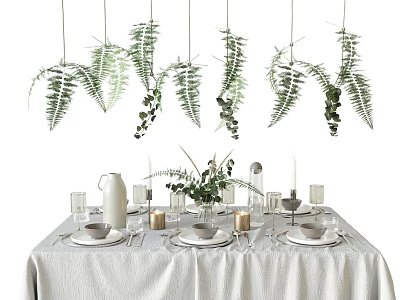 Elegant Tableware Set with White Tablecloth Plates Glasses Pitcher Candles and Hanging Green Ferns 3d model