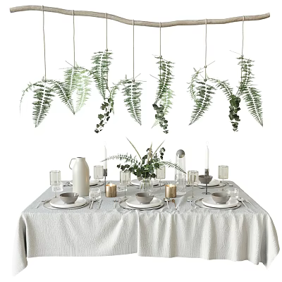 Elegant Tableware Set with White Tablecloth Plates Glasses Pitcher Candles and Hanging Green Ferns 3d model