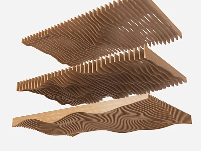 Layered Wooden Wavy Ceiling Design With Modern Textured Structure And Interior Decor 3d model