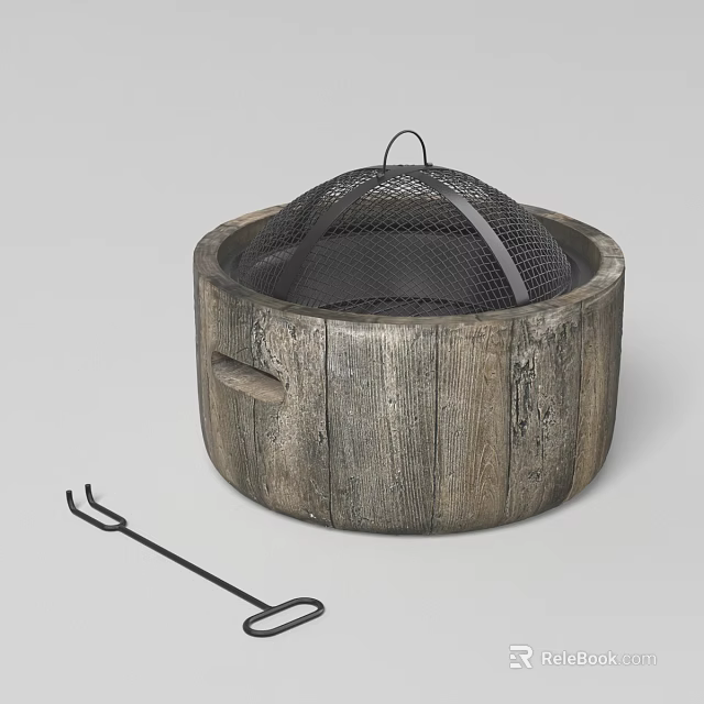 Rustic Wooden Fire Pit With Mesh Cover And Fire Poker Tool 3d model
