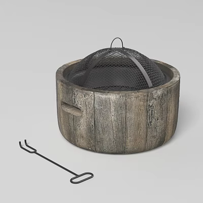 Rustic Wooden Fire Pit With Mesh Cover And Fire Poker Tool 3d model
