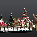 Festive Christmas Scene With Decorated Tree Snowy Cabin Reindeer Snowman And Wooden Arch