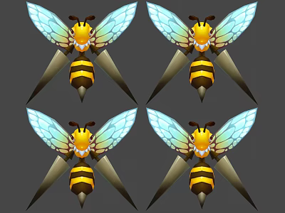 Four Cartoon Flying Bees With Yellow And Black Striped Bodies Blue Transparent Wings 3d model