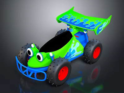 Cartoon Style Green Toy Car With Blue Spoiler Red Wheels And Frog Eyes 3d model