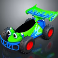 Cartoon Style Green Toy Car With Blue Spoiler Red Wheels And Frog Eyes