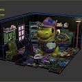 Cartoon Art Studio Scene With Yellow Character Purple Hat Easel Paint Palette Colorful Floor Plants