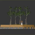 Green Trees On Curved Wooden Platform With Lush Grass Surface 3d model