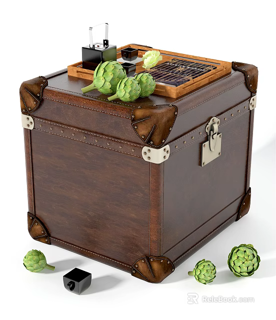 Vintage Leather Trunk with Metal Lock Rivet Details Topped with Wooden Tray and Artichokes 3d model 
