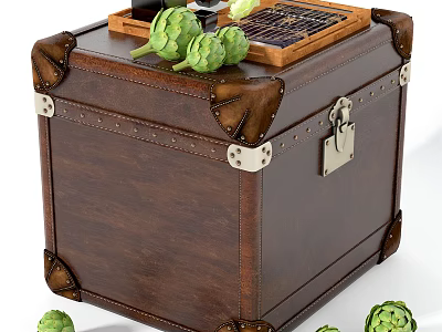 Vintage Leather Trunk with Metal Lock Rivet Details Topped with Wooden Tray and Artichokes 3d model