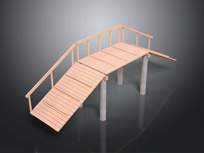 Wooden Walkway Bridge With Railings And Concrete Support Pillars On Dark Reflective Surface 3d model