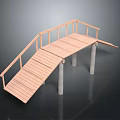 Wooden Walkway Bridge With Railings And Concrete Support Pillars On Dark Reflective Surface