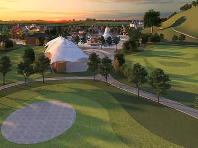 Amusement Park with Green Hills Colorful Buildings White Tent Structure Trees and Paths at Sunset 3d model