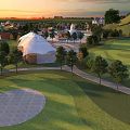 Amusement Park with Green Hills Colorful Buildings White Tent Structure Trees and Paths at Sunset