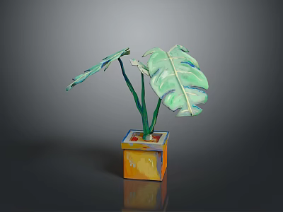 Monstera Plant With Large Green Split Leaves In Yellow Orange Painted Square Pot 3d model