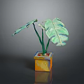 Monstera Plant With Large Green Split Leaves In Yellow Orange Painted Square Pot