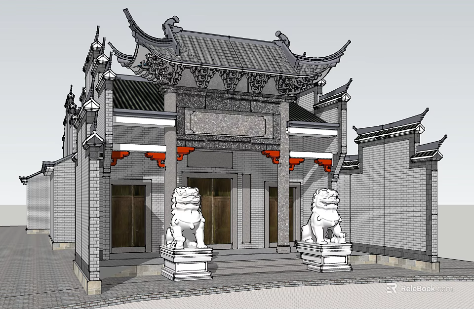 Traditional Chinese Detached Villa with Classic Eaves Stone Lions and Wooden Plaque 3d model 