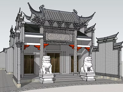 Traditional Chinese Detached Villa with Classic Eaves Stone Lions and Wooden Plaque 3d model