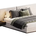 Modern Double Bed With Dark And Light Upholstered Headboard Bedside Table Pillows And Blanket
