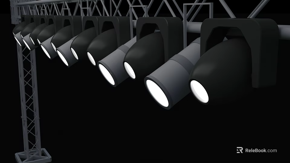Stage Lights Arranged in Row with Illuminated Lamps on Metal Truss 3d model 