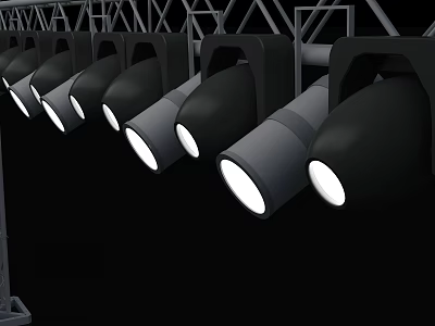 Stage Lights Arranged in Row with Illuminated Lamps on Metal Truss 3d model