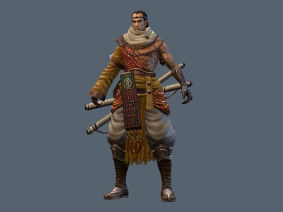 Game Movie Warrior Character In Traditional Brown Yellow Outfit With Two Swords On Back 3d model