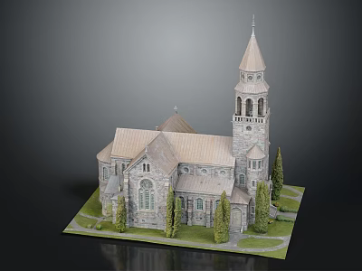 Detailed Church Model With Tall Spire Tower Arched Windows Stone Exterior And Lawn Base 3d model