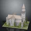 Detailed Church Model With Tall Spire Tower Arched Windows Stone Exterior And Lawn Base
