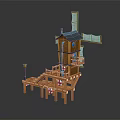 Cartoon Scene of Wooden Windmill House With Multi level Structure Stairs Lifebuoys and Street Lamp