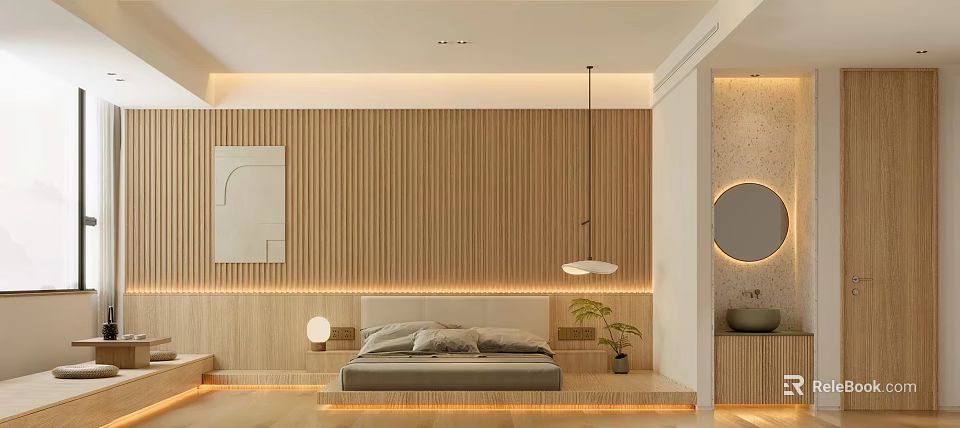 Modern Natural Bedroom With Wooden Panel Wall Pendant Light Platform Bed Round Mirror And Plant 3d model 