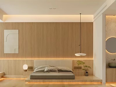 Modern Natural Bedroom With Wooden Panel Wall Pendant Light Platform Bed Round Mirror And Plant 3d model