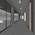 Modern Office Corridor With Glass Partitions Wooden Doors Bright Lighting And Open Space