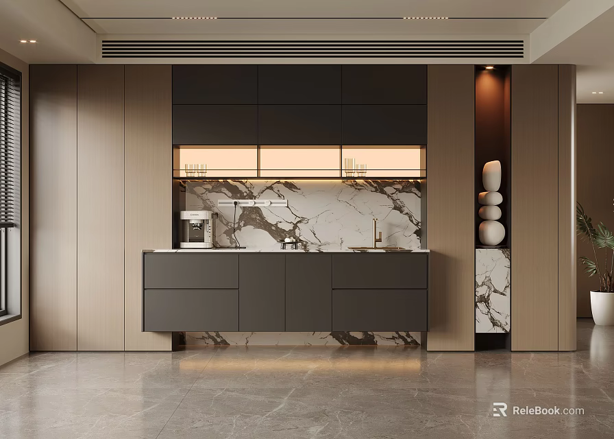 Elegant Modern Sideboard Cabinet With Marble Countertop Ambient Lighting Storage Drawers And Decorative Ornaments 3d model 