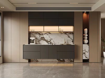 Elegant Modern Sideboard Cabinet With Marble Countertop Ambient Lighting Storage Drawers And Decorative Ornaments 3d model