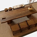Natural Rustic Solid Wooden Tea Table and Chairs with Tea Canisters Tray and Vase