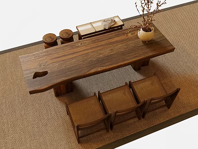 Natural Rustic Solid Wooden Tea Table and Chairs with Tea Canisters Tray and Vase 3d model
