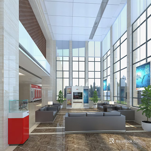 Modern Hotel Public Lounge With Large Windows Comfortable Sofas Green Plants And TV Screens 3d model 